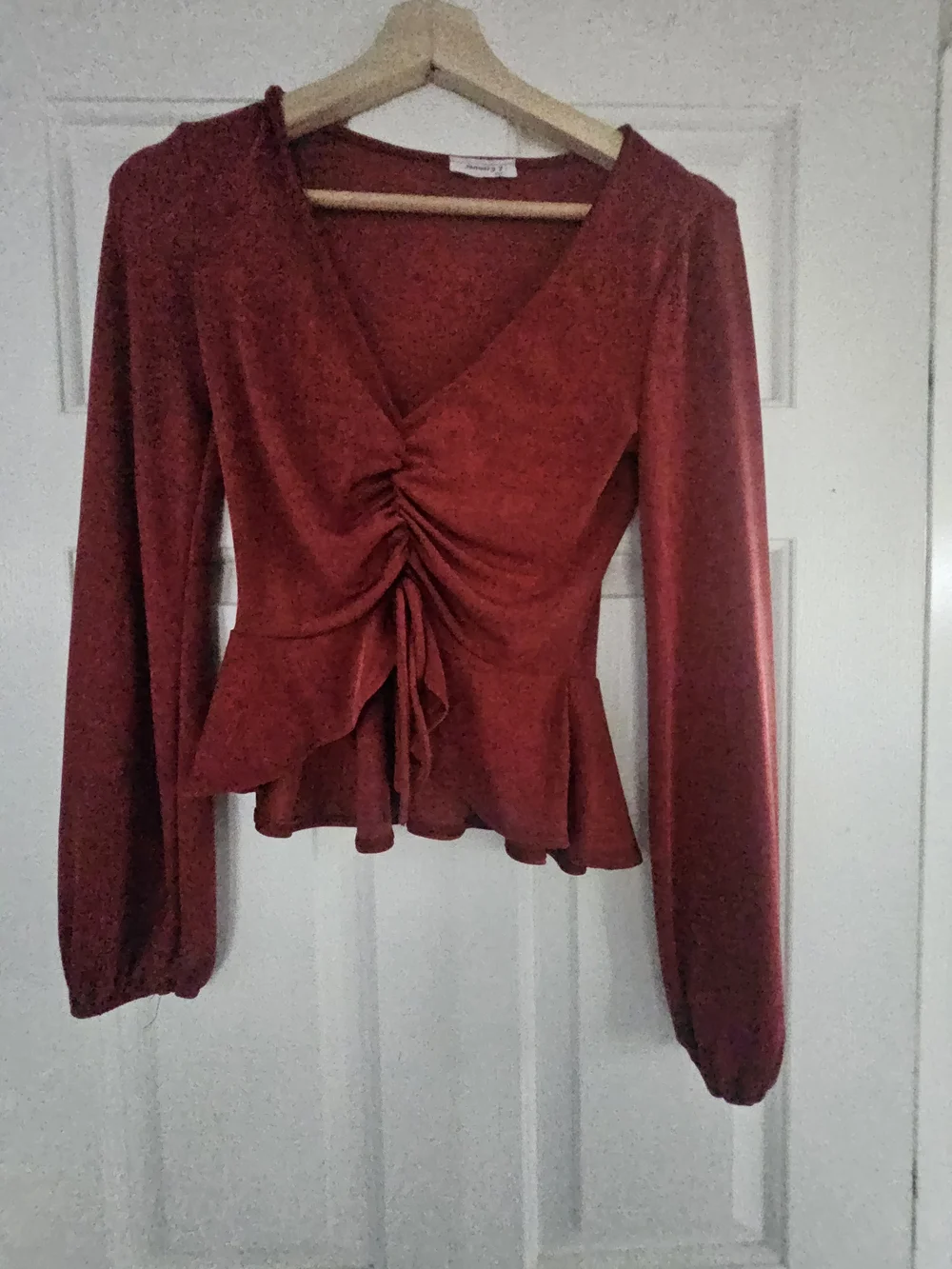Rust Red Long-Sleeve Peplum Ruched Top - Picture 1 of 1